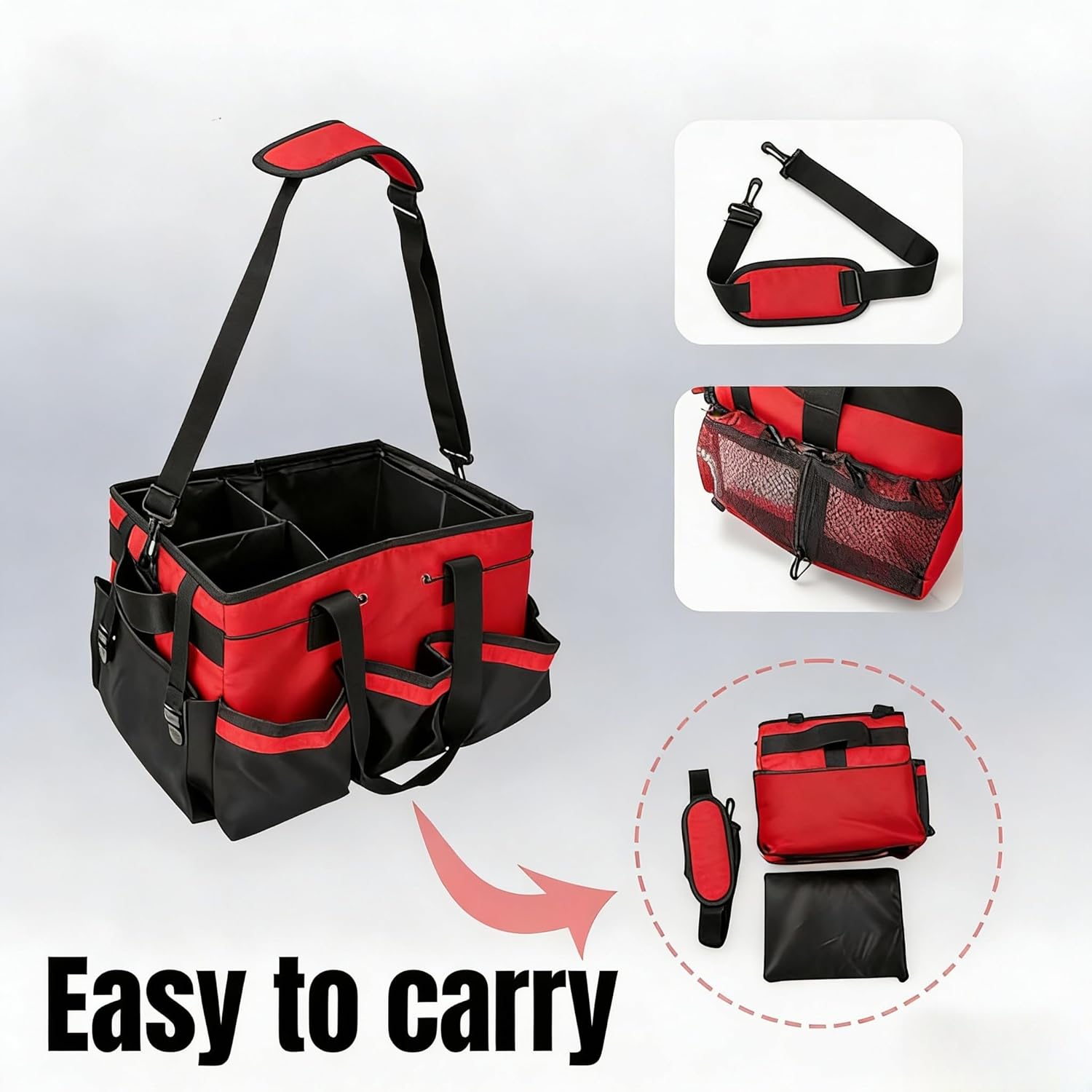 Multi - Purpose Cleaning Tool Organizer Tote Bag, Large Capacity with Adjustable Compartments, Portable Hand Strap & Adjustable Shoulder Strap for Cleaning, Gardening, Car Organization (Red)