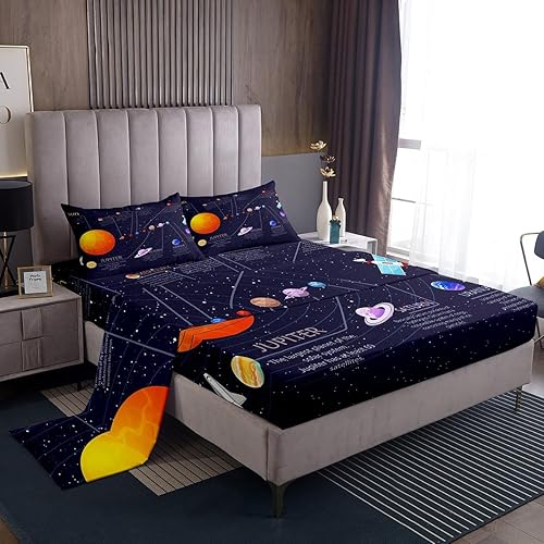 Miniatura 1 de jejeloiu Juego de sábanas de sistema solar para niños y niños, sábanas de planetas del universo con sábana bajera de bolsillo profundo, ultra suave,
