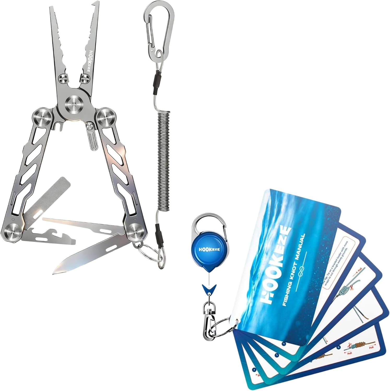 HOOK-EZE Fishing Knot Tying Cards with Zinger, Folding Fishing Pliers, 5-in-1 Saltwater Resistant Multitool with Tungsten Line Cutters