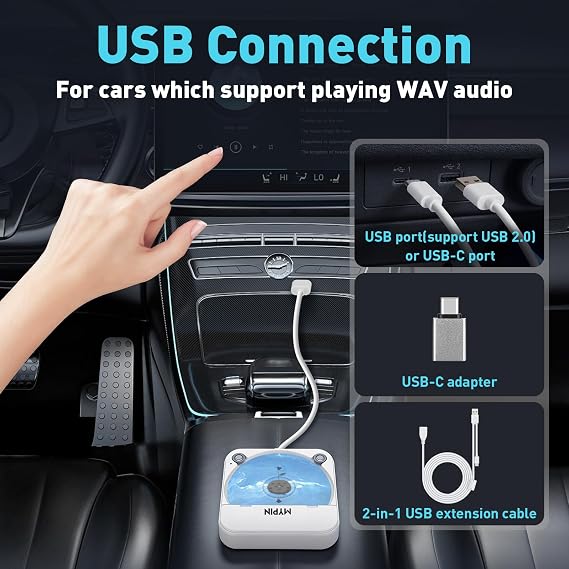 Portable Car CD Player with USB/AUX Port, External CD Player