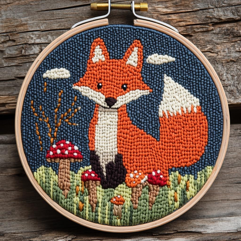 DIY Punch Needle Kits Red Fox and Mushrooms Easy for Beginners Punch Needle Embroidery Set with Hoop Stamped Pattern for Craft Lovers and Home Decor-8