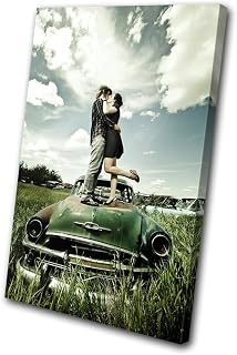 Bold Bloc Design - Love Kissing Couple Retro Car - 135x90cm Canvas Art Print Box Framed Picture Wall Hanging - Hand Made in The UK - Framed and Ready to Hang