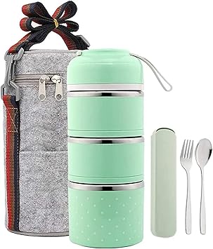 Bento Lunch Box 3 layer Stackable Stainless Steel Thermal Lunch Box with Insulated Lunch Bag and ...