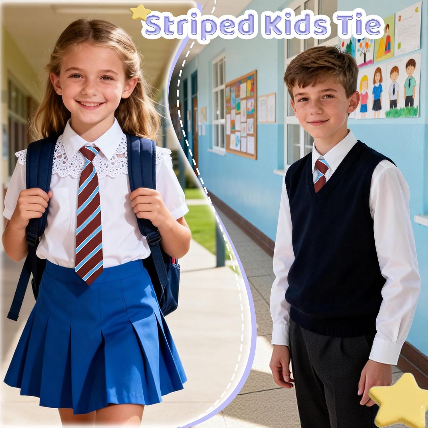 Pre-tied Stripe Girls Boys Tie, Ties for Boys for Wedding School | Stripe Girls Kids Necktie, Polyester Fabric, Adjustable Buckle Strap, 2.8'' Size, Cute Preppy Tone, for Cosplay Daily Casual