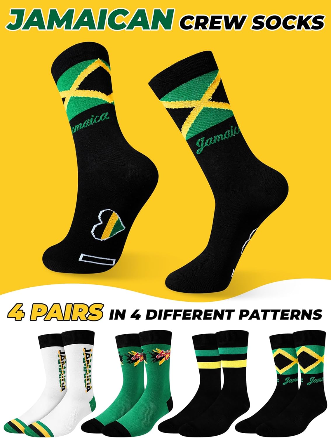 4 Pairs Jamaican Socks for Men Women Funny Dress Jamaican Flag Crew Socks Novelty Jamaica Souvenirs Gifts Party Favors Holiday Birthday Gifts - Image 3
