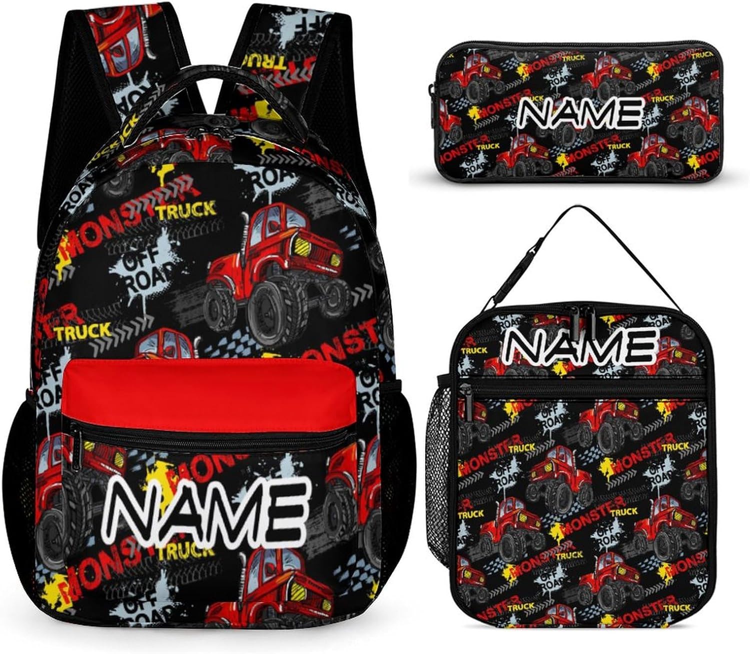 Custom Red Car Truck 3Pcs Backpack Set with Lunch Bag Pencil Case Personalized Name Text School Book Bags Customized Backpack Set 3 in 1 for Girls Boys Kids