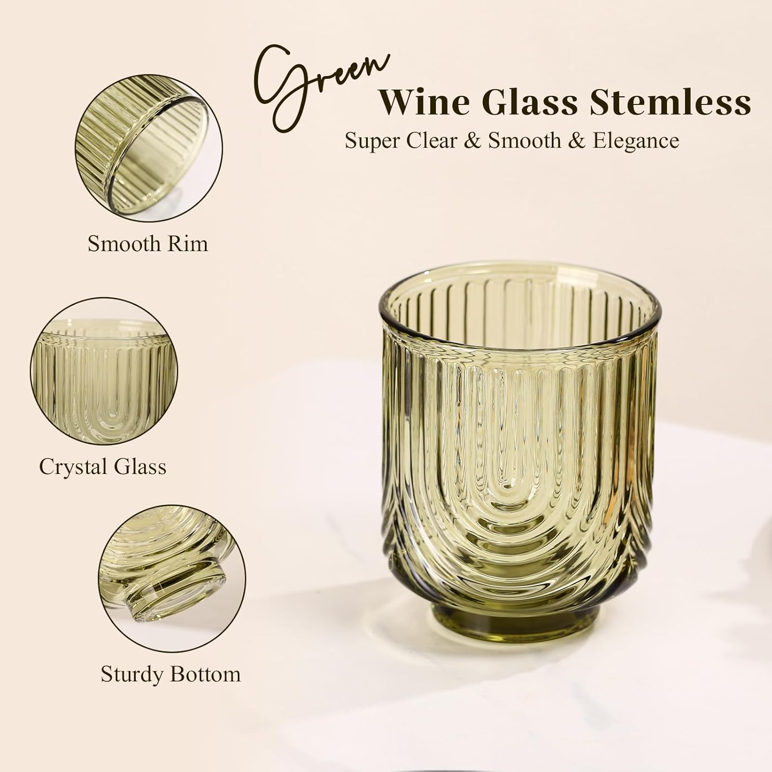 Green Vintage Drinking Glasses Set of 6-15oz Hand-Blown Highball Ribbed Glassware, Arch Design Cocktail Glasses for Whiskey Water Beverages Ice Coffee Juice Milk