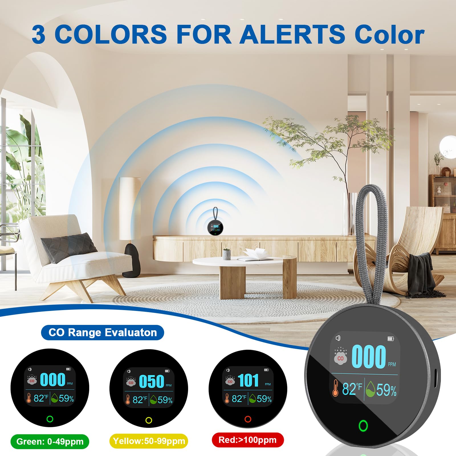 Detector de monóxido de carbono portátil 3 en 1 medidor de CO recargable para temperatura de viaje, humedad y sensor de CO, alarma magnética trasera y suspensión para exteriores, monitor de calidad de