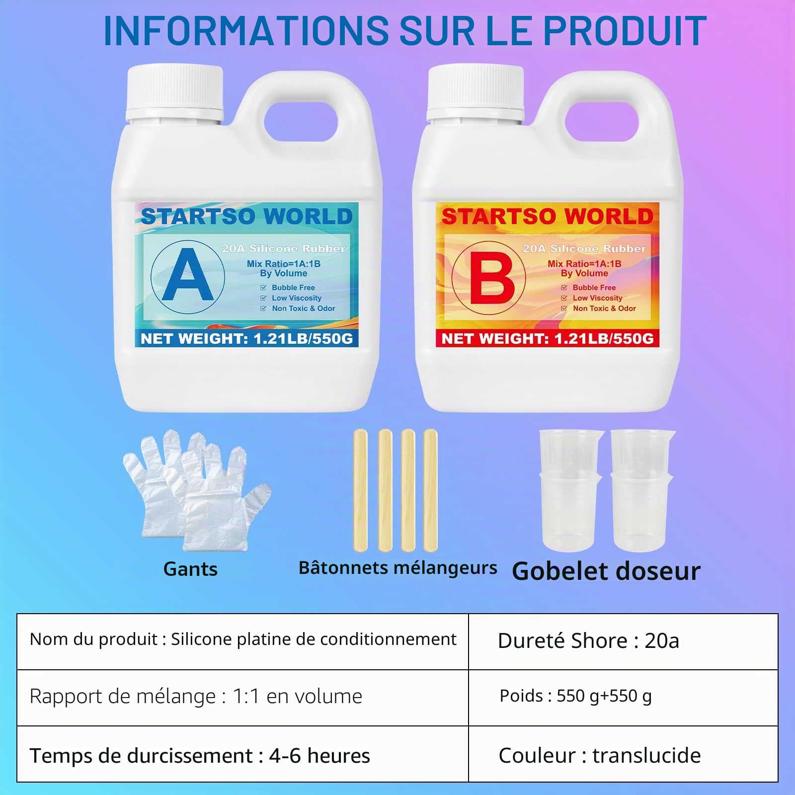 Silicone pour Moulage 20A, 1L Caoutchouc de Silicone Liquide pour Moulage Transparent, Prise Rapide, Non-Toxique, Idéal pour la coule de résines, moules, cire, plâtre