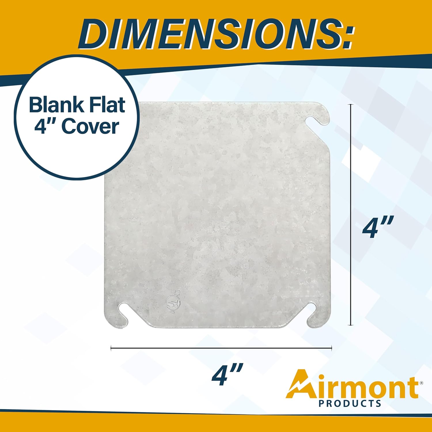 Metal Electrical Box Cover, 4x4'' Square, Flat Blank Cover for Electrical Box, Made from Galvanized Steel, with Angled Mounting Slots, for Junction Box Plate