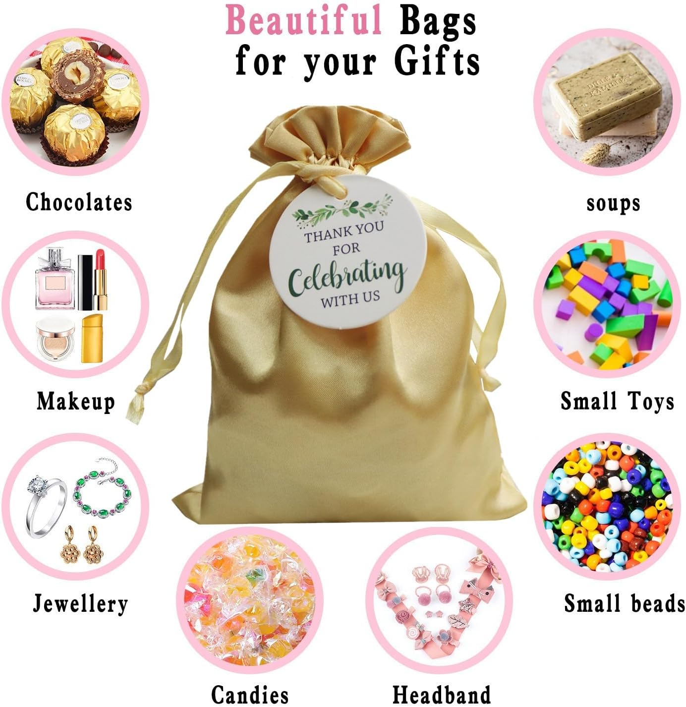 GUIFIER 30 Pack 5x7 Inch Gold Satin Gift Bags with Drawstrings, Party Favor Bags with Thank You Tags, Silk Gift Bags, Small Gift Wrap Bags, Jewellery Drawstring Pouches, Baby Shower Bag, Candy Bags - Image 5