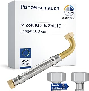 DVGW gep. Panzerschlauch 3/4 Zoll DN20 DN19 Edelstahl Flexschlauch Wasseranschluss Heizung Enthärtungsanlage mit Edelstahlumflechtung | 100 cm Überwurfmutter mit Bogen x Überwurfmutter