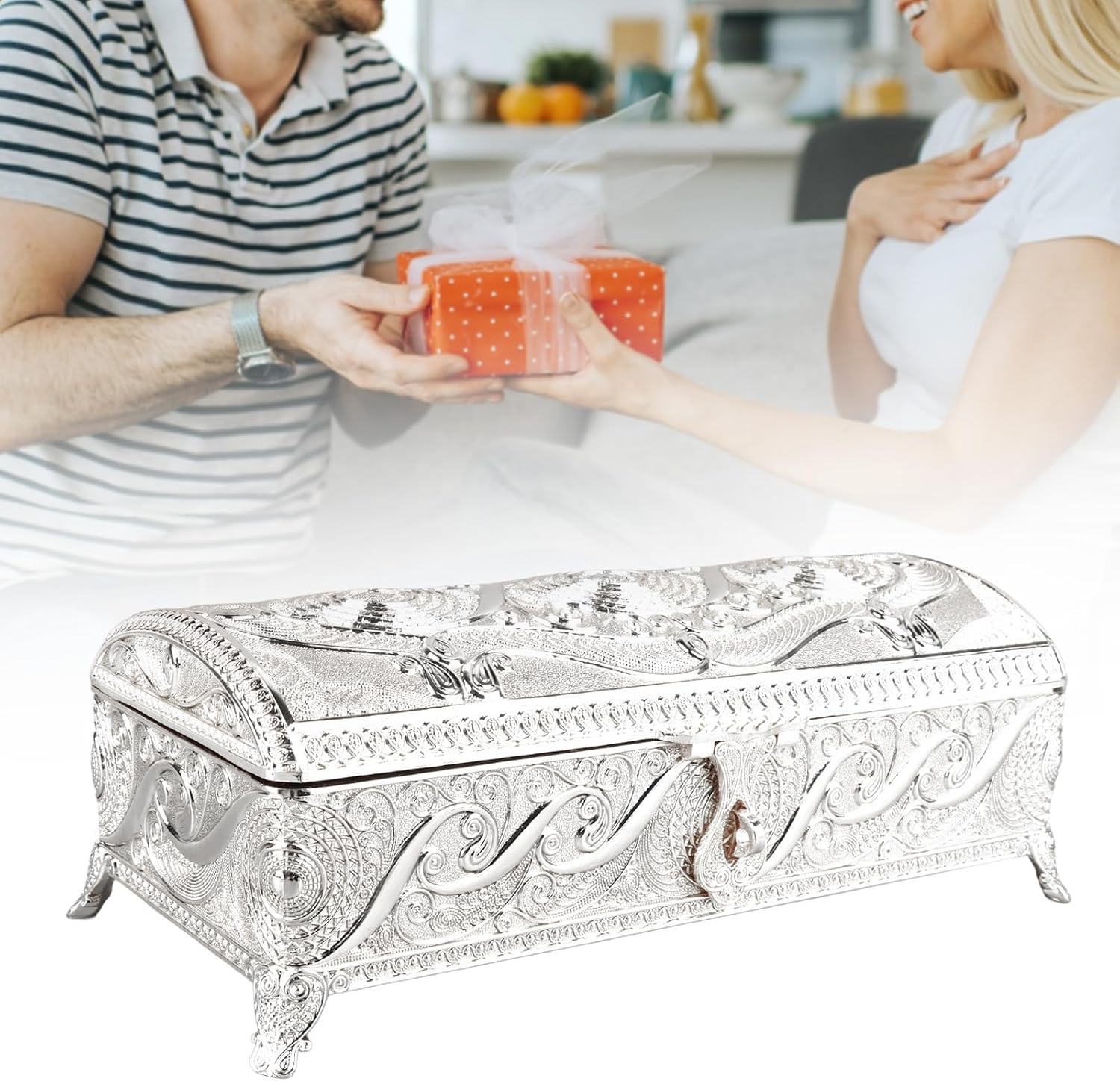Luqeeg Alloy Vintage Jewelry Box, Rectangle Trinket Treasure Storage Box, Luxury Keepsake Chest Organizer with Soft Velvet Inside for Dressing Table Shelf Tabletop (Silver Color) image 2
