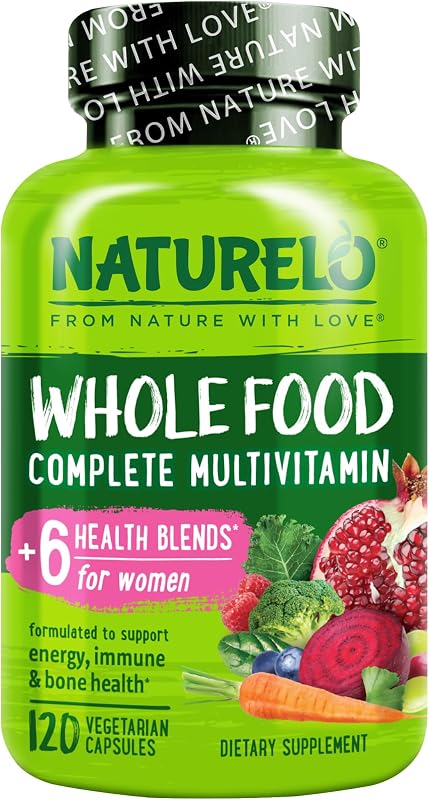 NATURELO Mezclas multivitamínicas para la salud de alimentos integrales, 120 cápsulas | Multivitaminas para mujeres con vitaminas, minerales, extractos orgánicos para la energía y la salud del corazón, cápsulas veganas