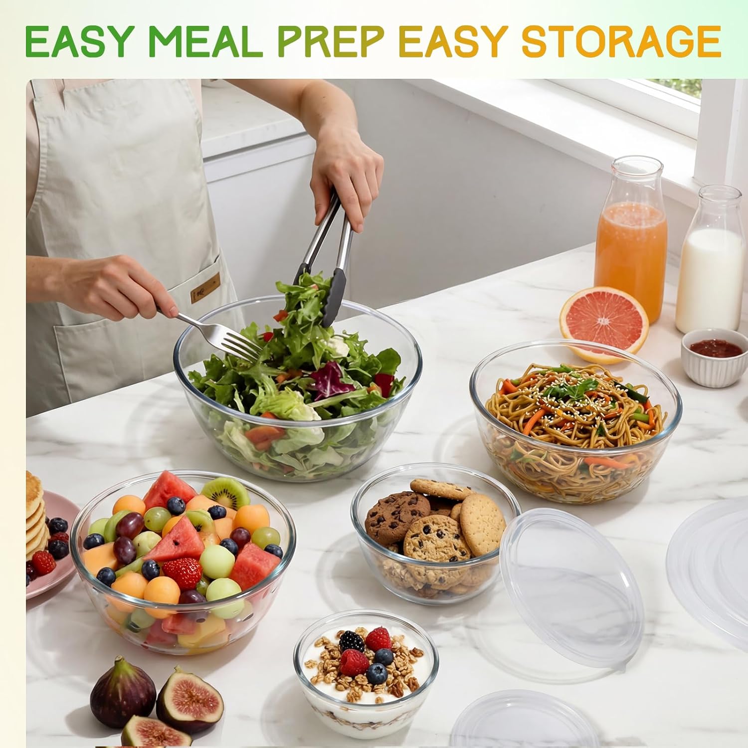 Glass Mixing Bowls with Lids Set(4.7QT, 2.9QT, 2.2QT, 1.1QT, 0.53QT), 5 Packs Thick Glass Bowls Set, Large Nesting Bowls for Kitchen Baking, Prepping, Cooking, Dishwasher, Oven, Microwave Safe