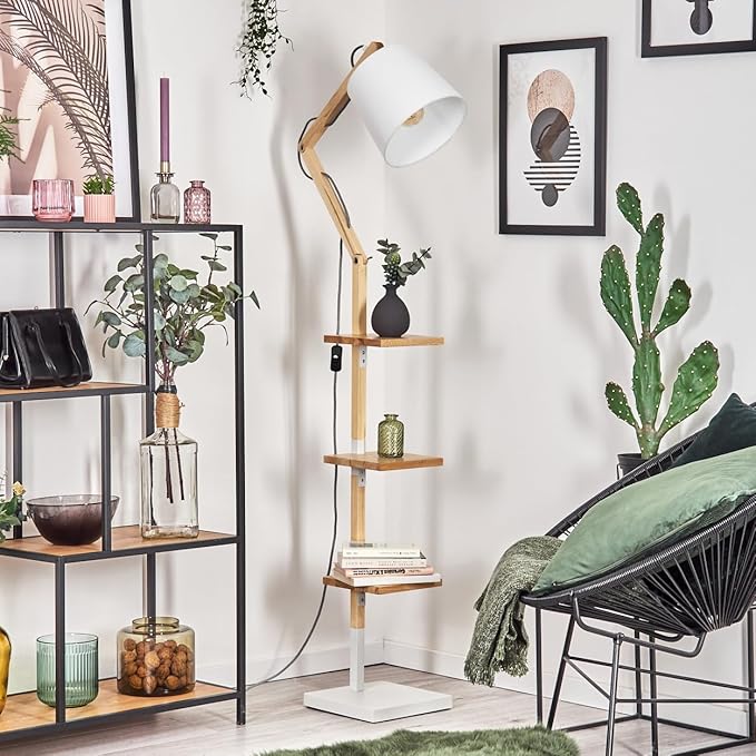hofstein HOFSTEIN Vloerlamp Tukchor, staande lamp van hout/metaal/stof in natuur/wit, verstelbare lamp in boho-design met legplanken en schakelaar, 152,5 cm, E27, woonkamer, slaapkamer, eetkamer photo 3