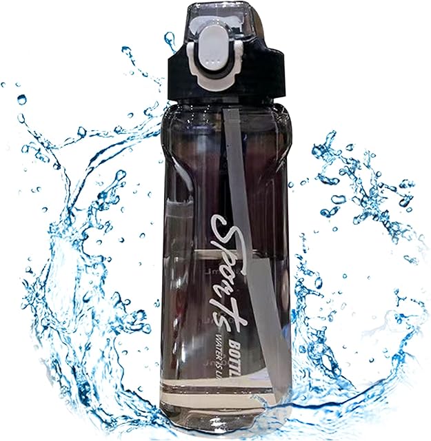 Sports Water Bottle,750ML,Leakproof Straw Bottle,BPA Free Plastic Drinking Bottle With Scale,Flip Top Design for Adult, Sports,Yoga,Outdoor,Cycling,School &Office,Black