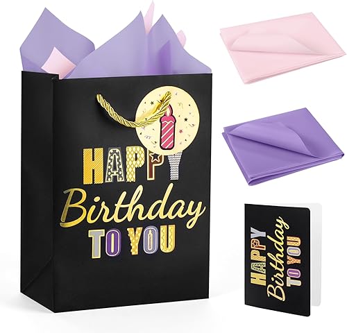 Cheinxy Bolsa de regalo de cumpleaños con asas, papel de seda y tarjeta de felic