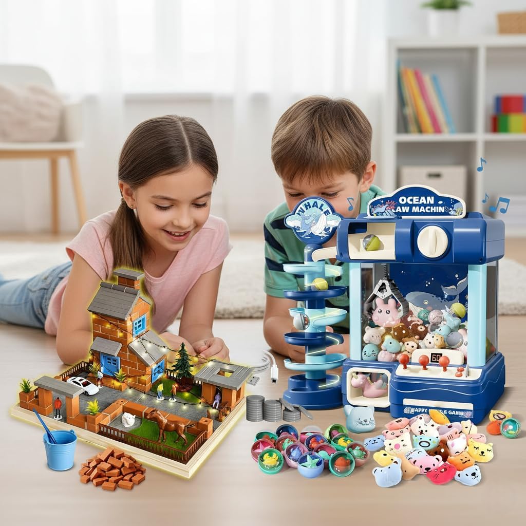 Knight Bricklayer DIY Brick & Mortar Construction Set + Kids Arcade Claw Machine, STEM Mini House Building Kit & Electronic Game Toy Bundle for Kids Ages 8+