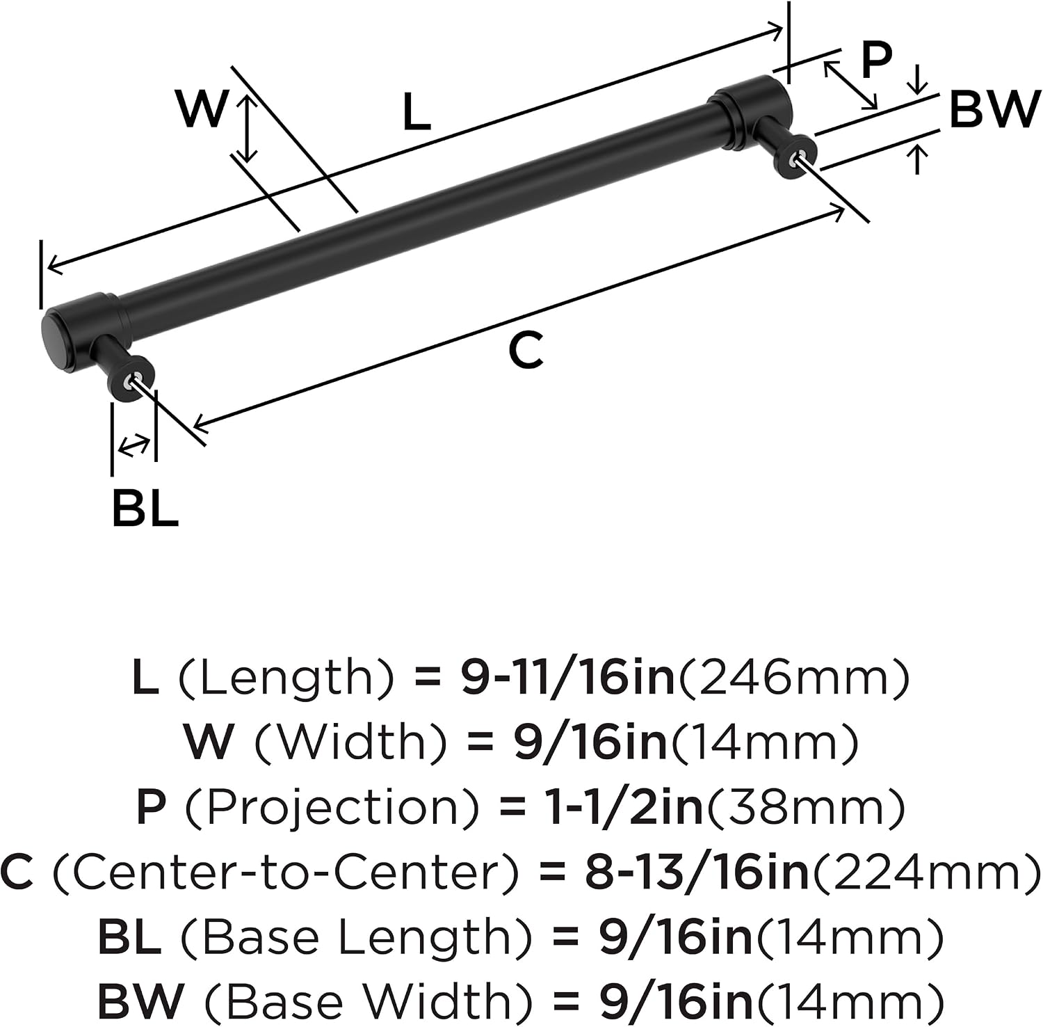 Amerock Faircrest 8-13/16 inch (224mm) Center-to-Center Matte Black Cabinet Pull, BP37467MB