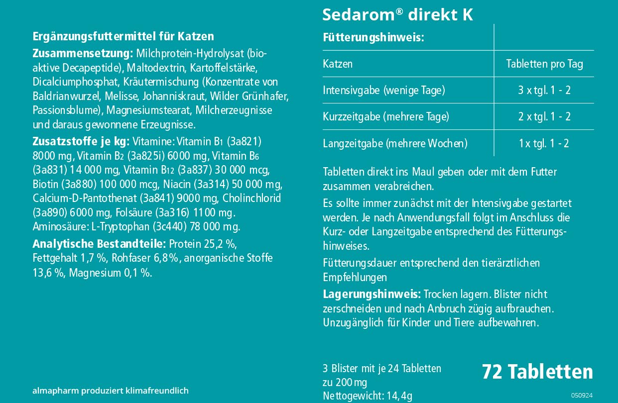 almapharm Sedarom Direct K | Paquete doble | 2 x 72 pastillas | Alimento complementario para gatos | Para apoyar el metabolismo nervioso para proteger el estrés