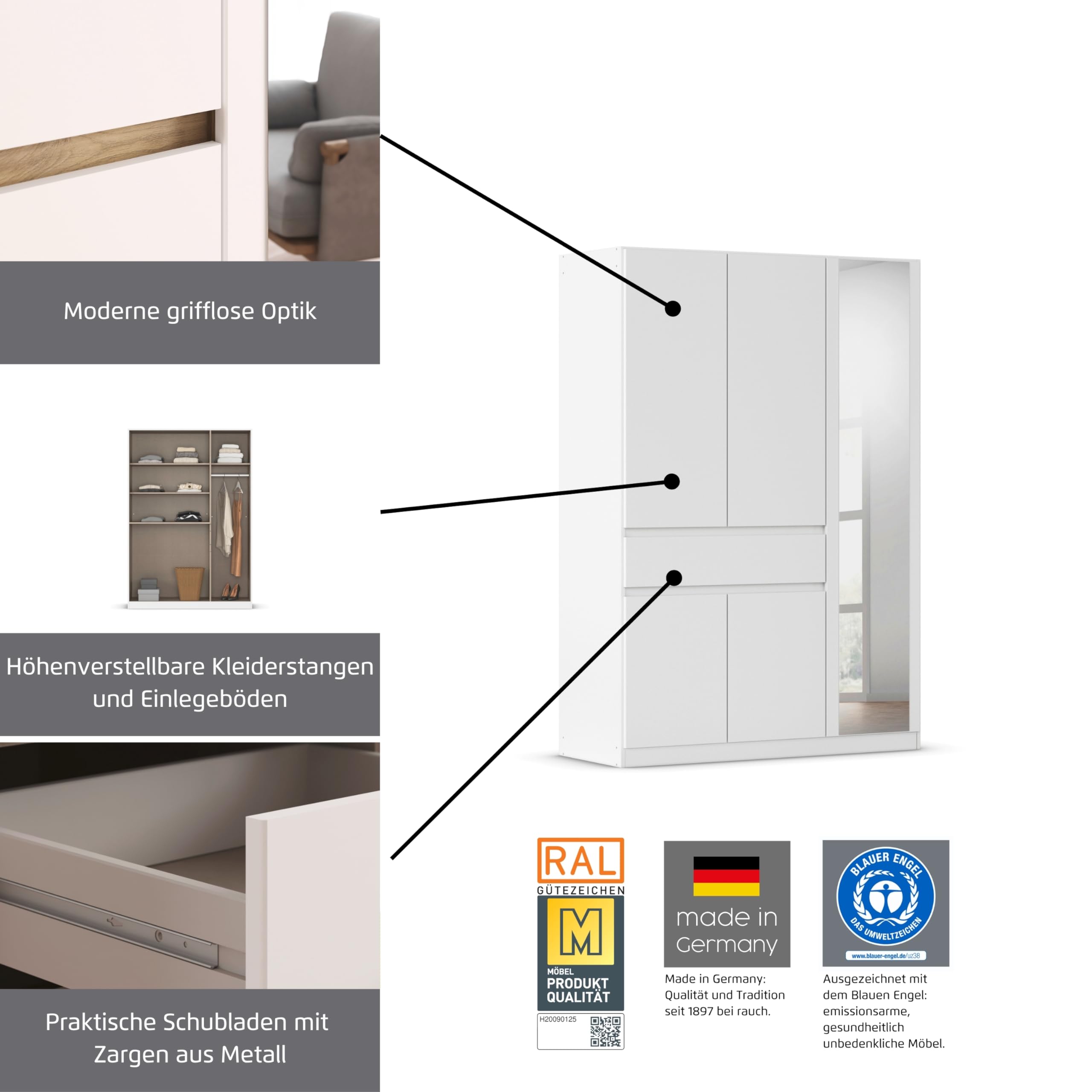 Rauch Möbel TÜBINGEN, Kleiderschrank, Weiß/Grau metallic, Breite 181 cm | Schrank, Kinderkleiderschrank, 6-türig, Spiegel, 1 Schublade, Push-to-open, für Schlafzimmer, Kinderzimmer, Babyzimmer, Flur