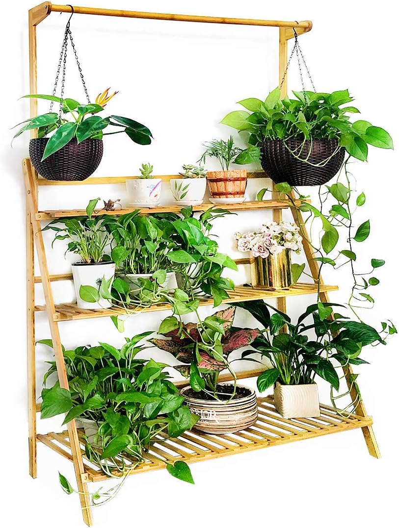 Moutik Bamboo Flower Display Stand:Plants Pots 3 Tier with Hanging Planter Folding Shelving Organizer Storage Shelves Rack Unit Holder 39.3in