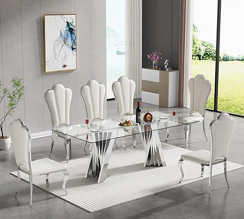 Miniatura 50 de SSLine Moderno juego de mesa de comedor de cristal de 7 piezas para 6 mesas de cocina y sillas de cristal dorado de lujo para 6 elegantes mesas de