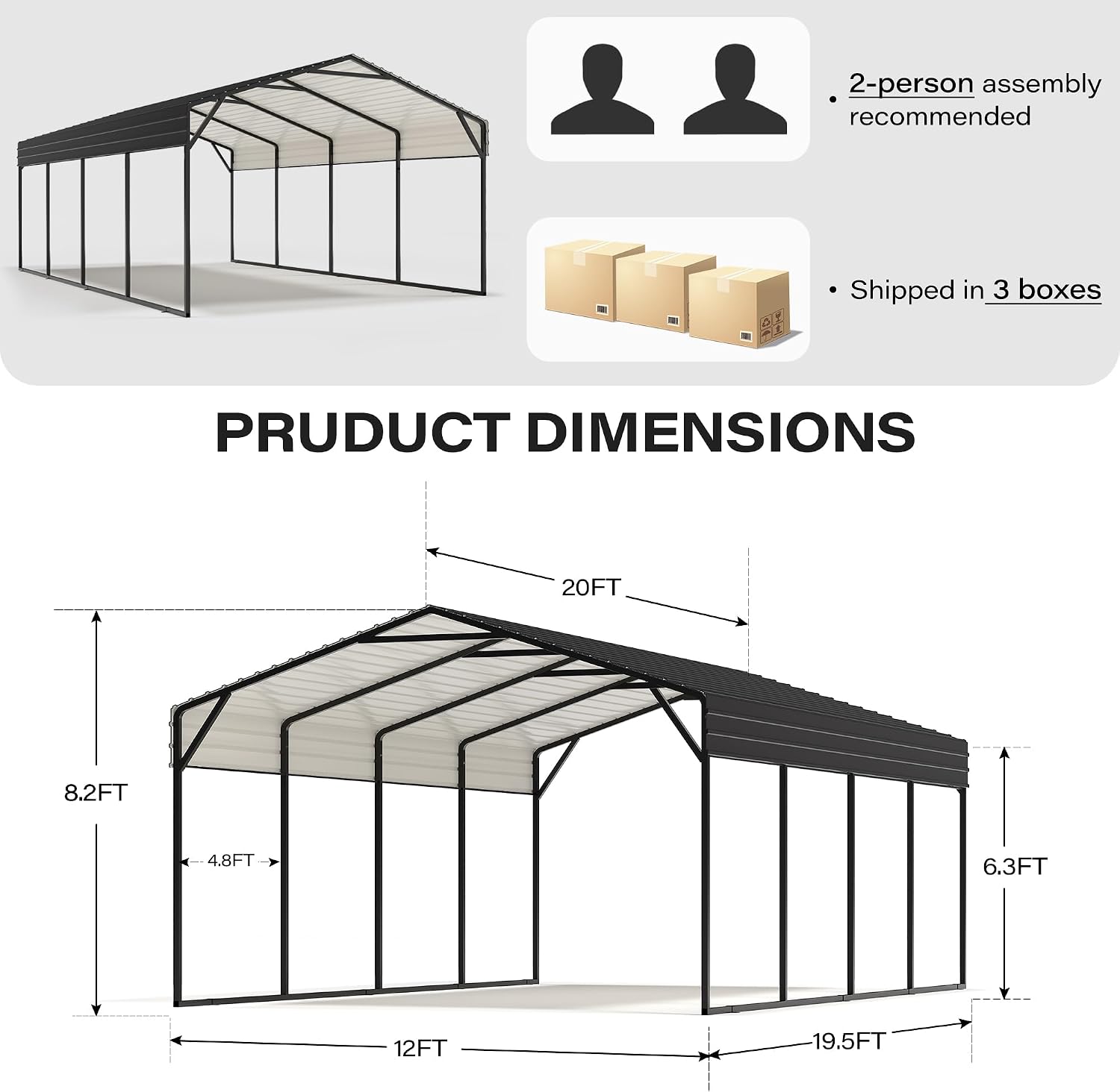 LAUSAINT HOME 12x20 FT Metal Carport Enhanced Base Heavy Duty Garage Carports, Outdoor Garage Car Port, Oversized Carport Canopy with Steel Roof and Frame, for Pickup, Boat and Tractor (12'x20')
