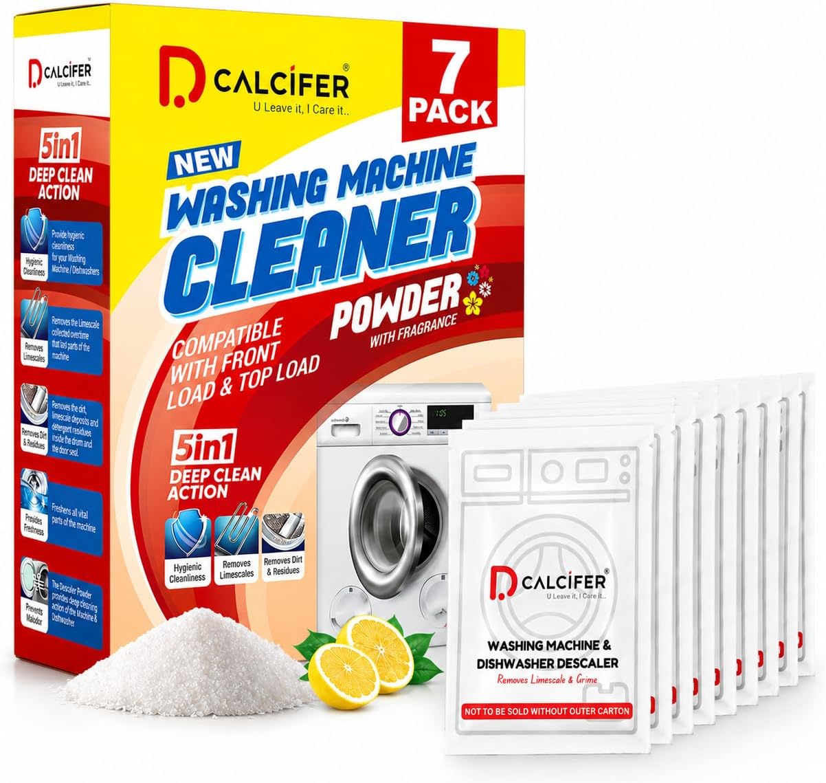 Washing Machine Cleaner Descaler Powder Descaling Appliance Quick Drum Descale Deep Cleaning for Semi and Fully Automatic Front and Top Load Tub Clean 7 Pouches 350g Pack of 1