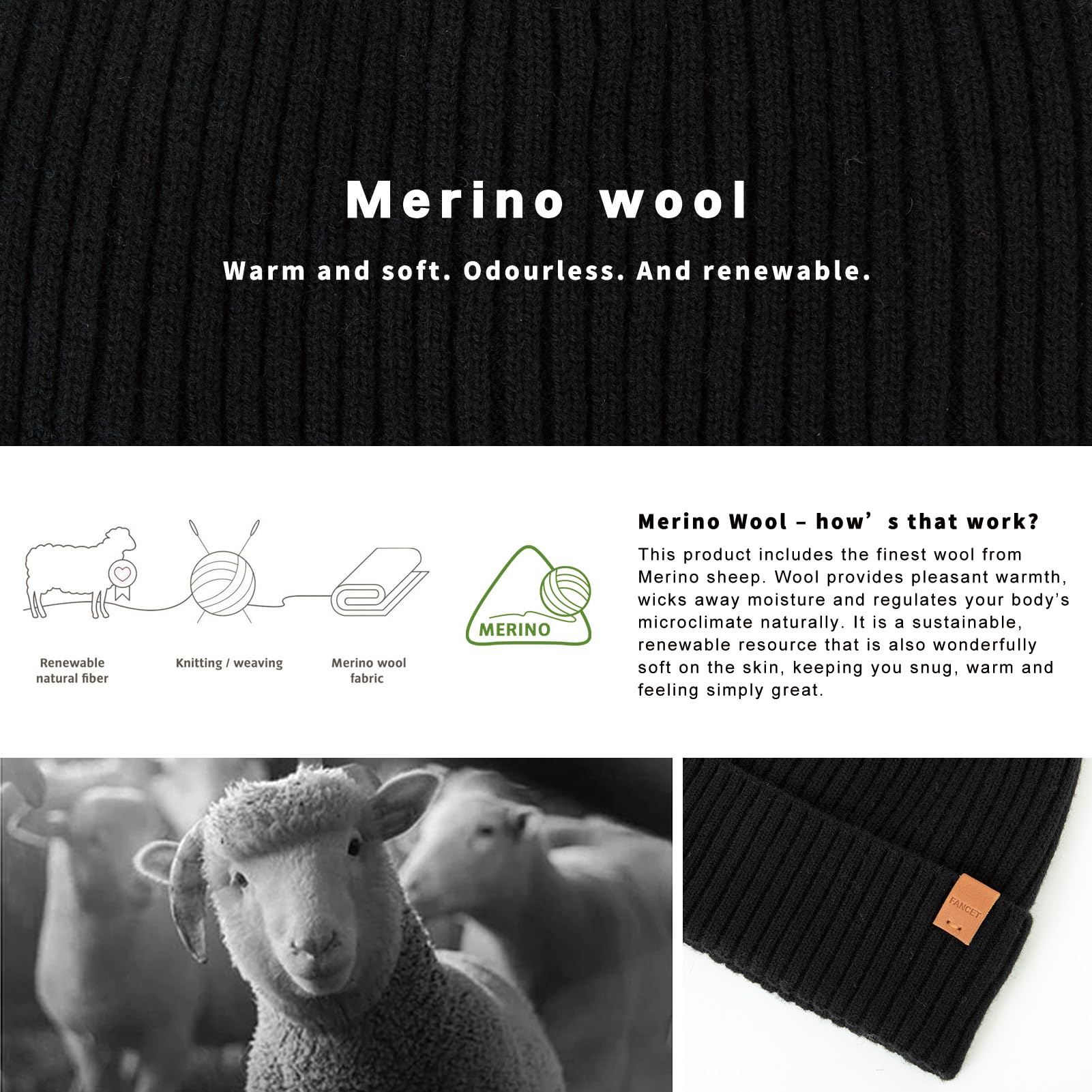 TOP-EX Gorro de lana merino 100 % M/L/XL/XXL - Gorro de invierno con forro polar cálido para clima frío para exteriores y uso diario, 54-64 cm