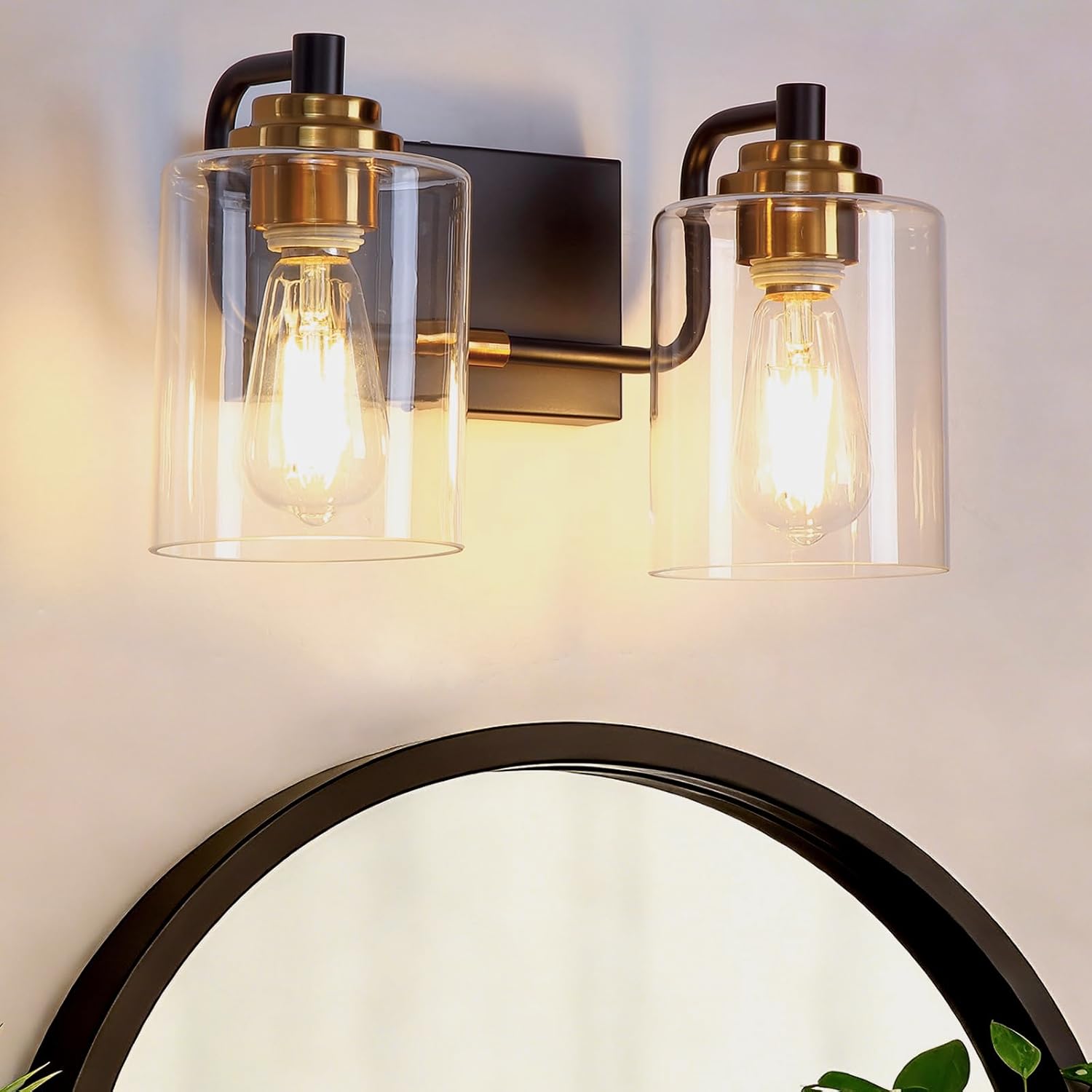 Modern 2-Light Bathroom Vanity Light Fixture, Black and Gold Bathroom Light Fixtures Over Mirror with Large Clear Glass Shades, Farmhouse Wall Sconce for Bedroom Living Room, E26 Base