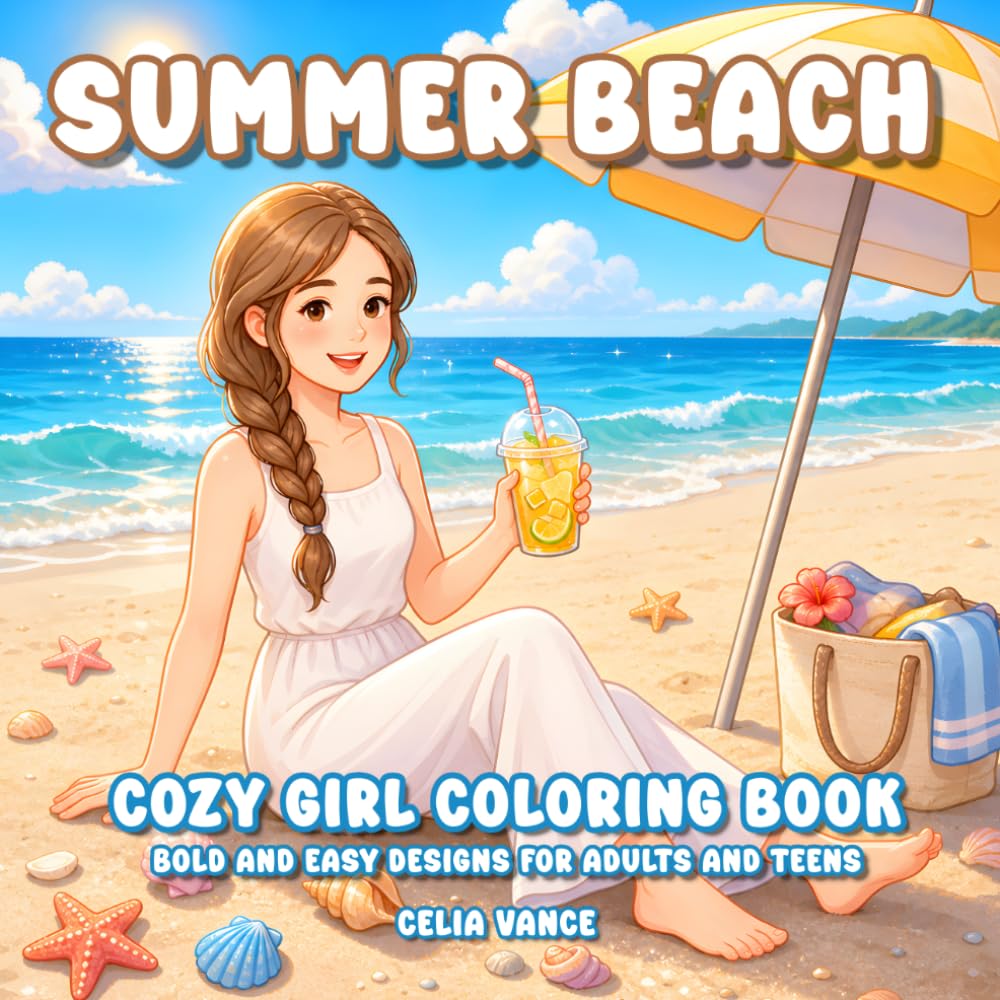 Summer Beach Cozy Girl Coloring Book: Bold and Easy Designs Relaxation for Adults and Teens (Aria's Cozy World)