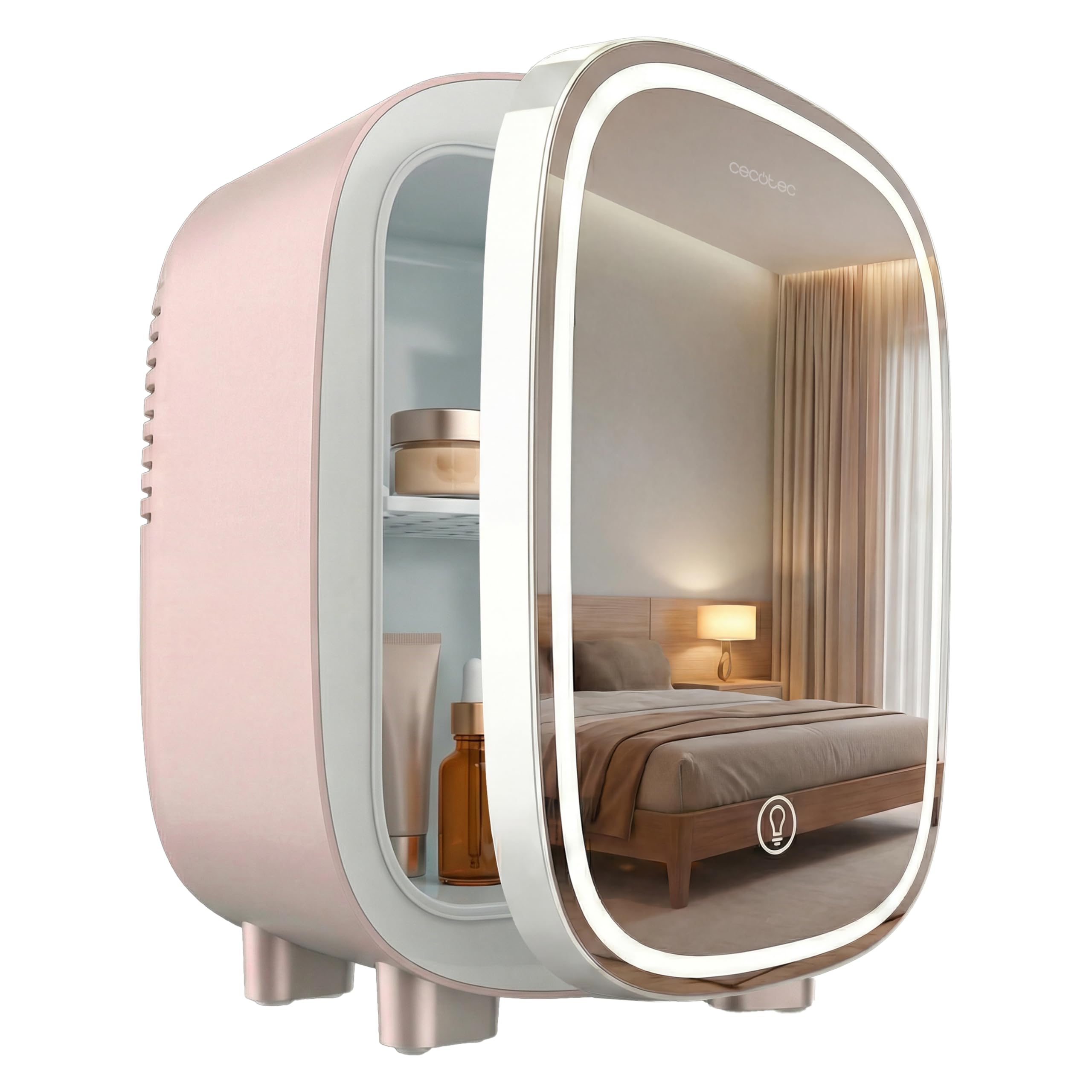 Cecotec Mini Kühlschrank CoolingBeauty 4000 Mirror Rose. 4 L Kapazität, kühlt bis 5 °C, Spiegel-Tür mit 3-stufiger LED-Beleuchtung, Tragegriff, leiser Motor, Innenregal, ideal für Beauty-Produkte