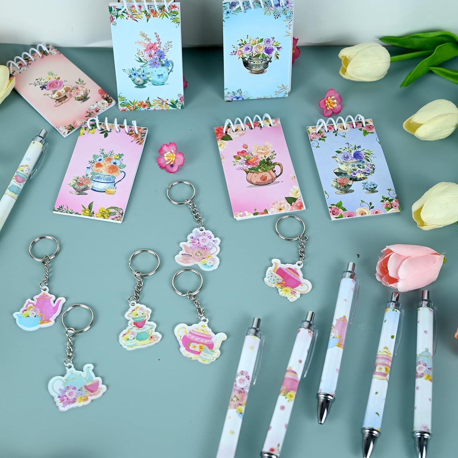 12 Pack Tea Party Favors for Guests Adults, Floral Notebook and Pen Set with Keychain & Gift Bag, Mini Tea Party Supplies for Bridal Shower Garden Party Birthday Wedding Office Gift, 6 Designs