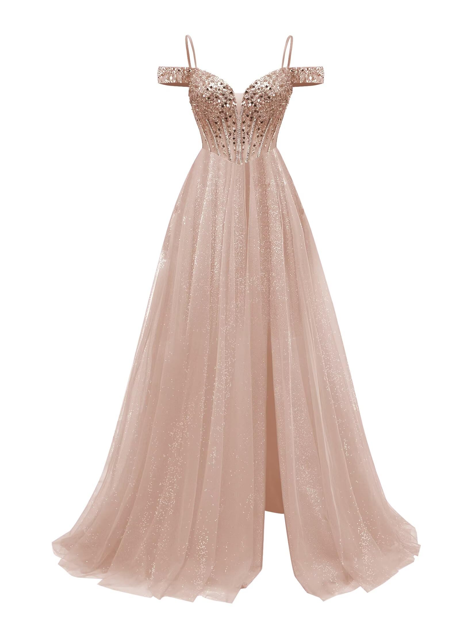 Tulle Prom Dresses Long Off Shoulder Ball Gown for Women Formal Sequin Beaded Corset Evening Gown