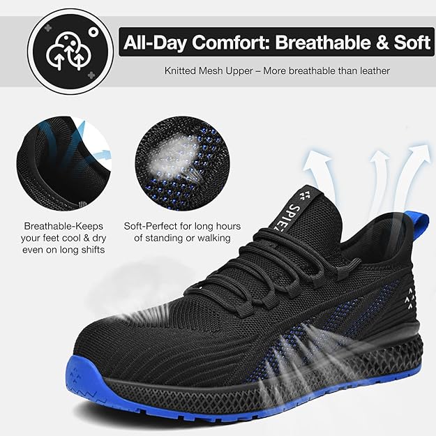 SPIEZ Veiligheidsschoenen voor Dames en Heren – Lichtgewicht, Ademend, Composiet Neus, Slipvast, Metaalvrij, Werkschoenen voor Magazijn, Keuken, Dagelijks Gebruik – Zwart/Blauw – Maat EU 46