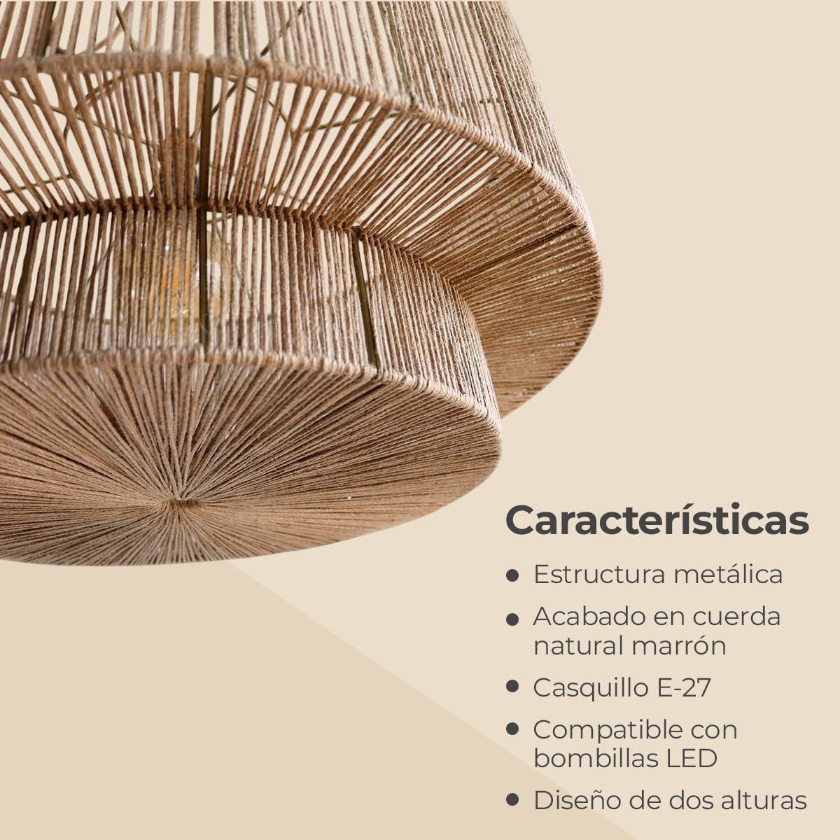 Els Banys - Lámpara de Techo Modelo Boston - Estructura Metálica y Acabado en Cuerda Natural Marrón – Ø60cm x 30cm – Cable de 180 cm – Casquillo E27 – Estilo Natural y Acogedor