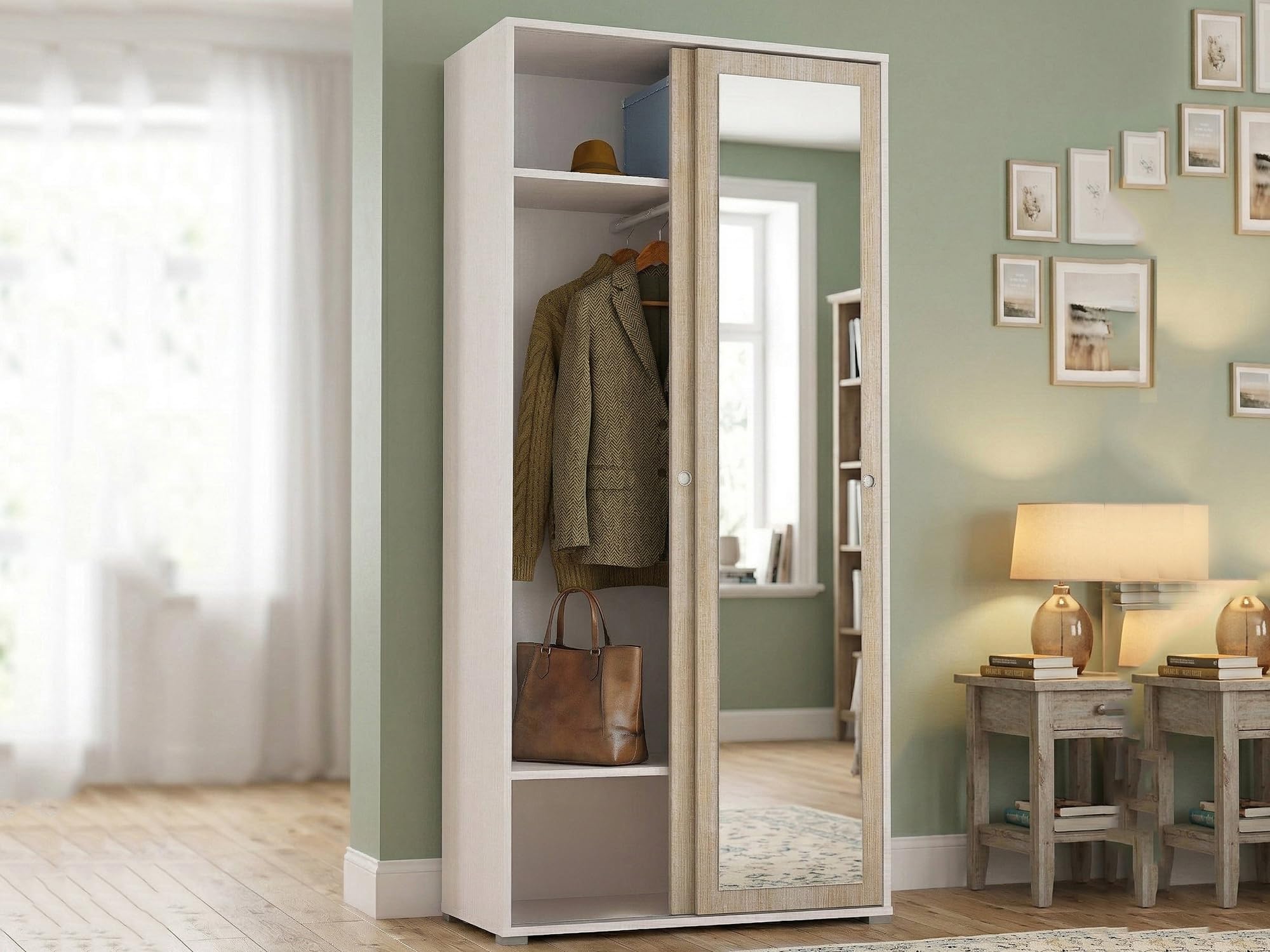 Dmora Guardaroba 2 Ante Tulipano 45x195h cm Marrone Rovere 2 Ripiani Appendiabiti, Armadio Camera da Letto Apertura Scorrevole Made in Italy