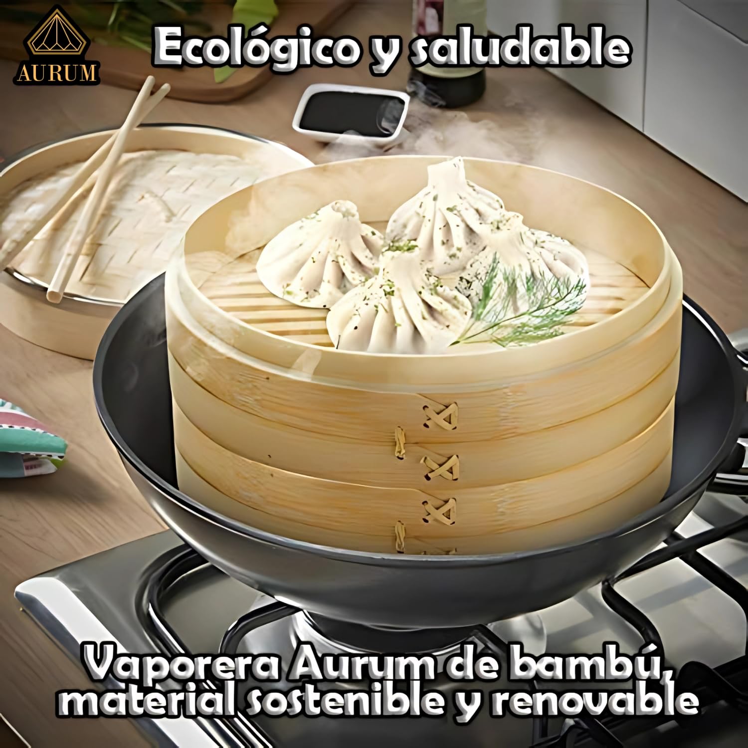 Aurum® Vaporera de Bambú 2 Niveles, en 20 cm y 25 cm - Incluye Accesorios - Vaporera Cocinar Vapor Bambú, Steamer for Cooking, Cocedero de Vapor (ø25)