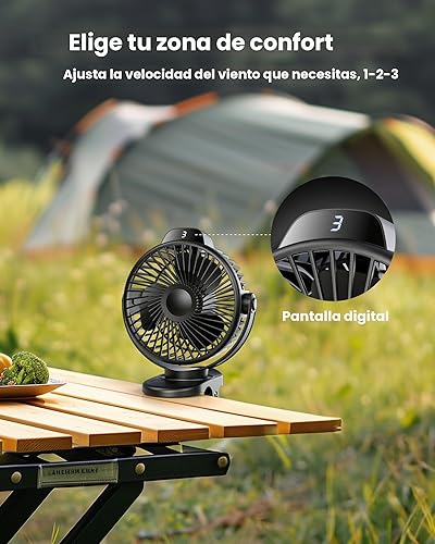Miniatura 3 de Koonie Ventilador portátil con clip, pequeño ventilador USB que funciona con pilas, mini ventilador recargable de 3 velocidades con pantalla LED,