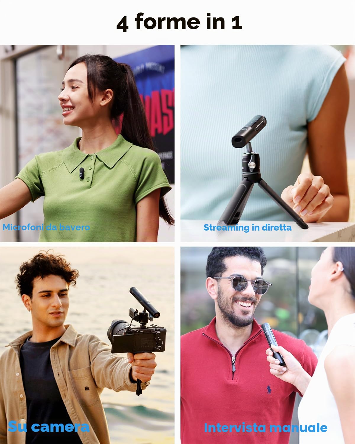 BOYA Magic 4 in 1 Trasformabile Mini Microfono Wireless, Lavalier/Manuale/Scrivania/Videocamera Microfono Lavalier per iPhone15/16/Android, Vlogging e Streaming(2TX+1RX)