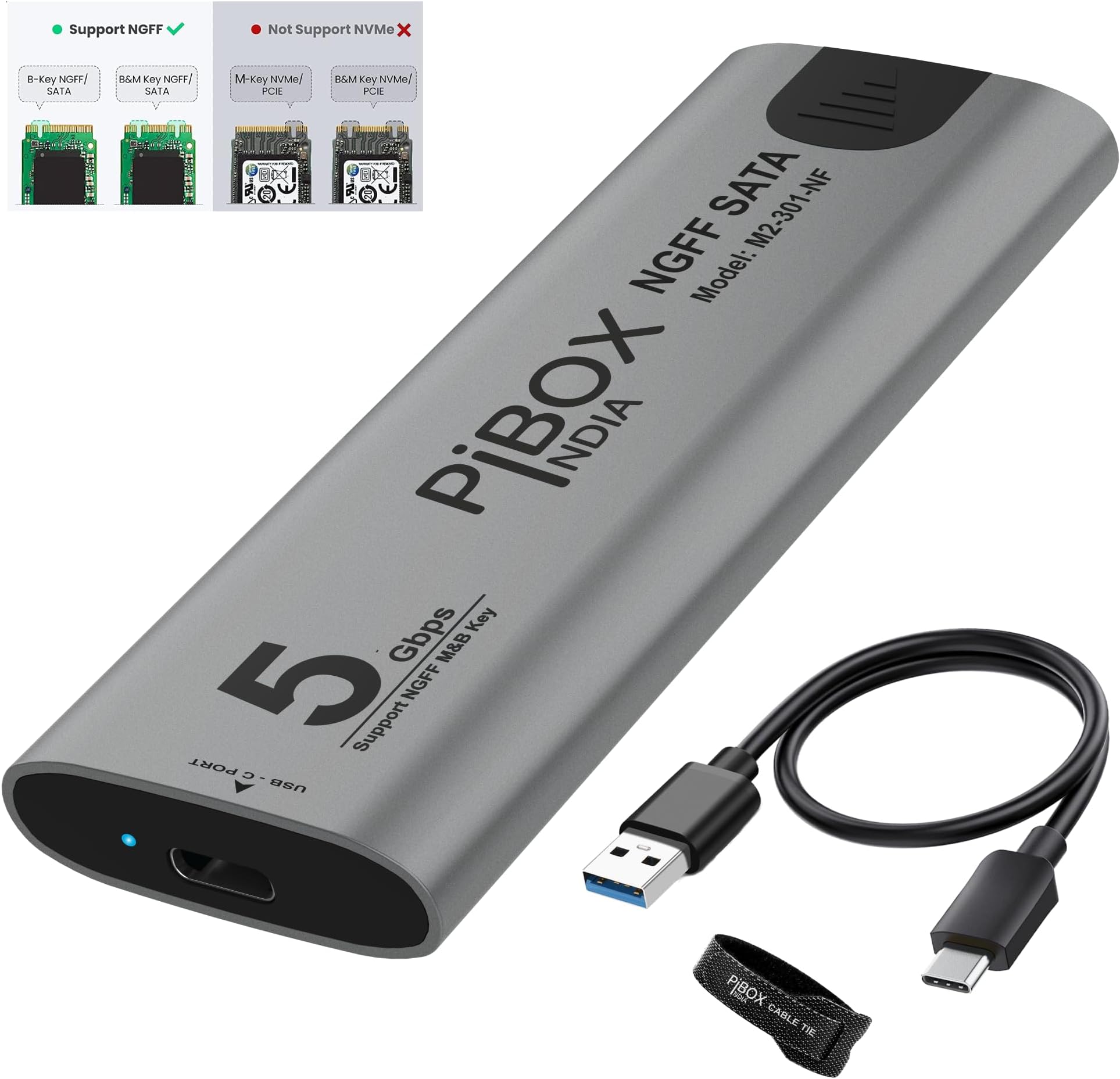 pibox India NGFF M2 SATA Enclosure, M.2 Enclosure for SATA NGFF SSD Aluminum case USB 3.1 Gen 2 to B M B-Key 2280 2260 2242 2230 External Solid State Drive with UASP - REALTEK RTL9201R - Tool Free