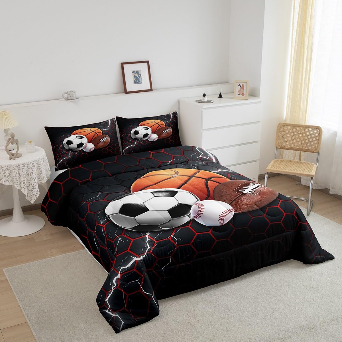 Feelyou Basketball Comforter Set Full Size Rugby Sports Comforter for Boys Girls Teens Football Bedding Set Baseball Duvet Set Room Decor Balck Red Mixed Ball Quilt Set