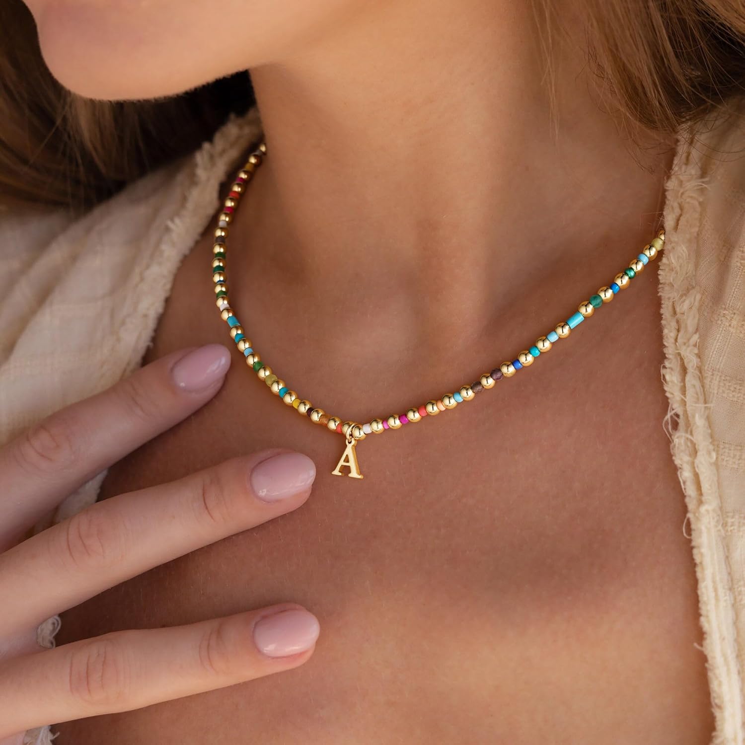 Turandoss Colorful Beaded Initial Necklaces for Women Trendy, Dainty 14K Gold Plated Beads Initial A-Z Colorful Beaded Pendent Necklace Birthday Personalized Friendship Jewelry Gifts for Women Girls - Image 2