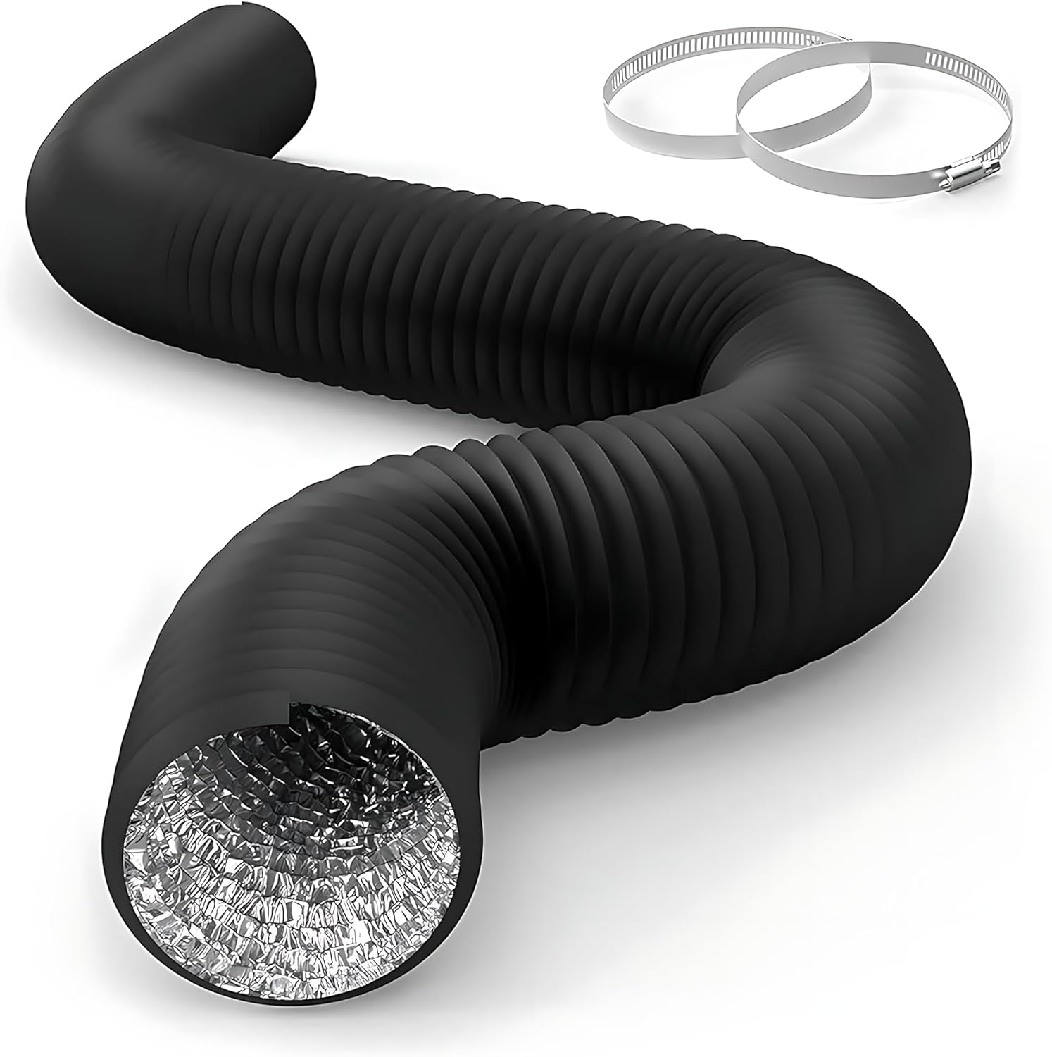 HealSmart 4 Inch 8 FT Flexible Aluminum Duct, Equipped with 2 Clamps and 3 Layers of Protective Drying Tube for Heating Cooling Ventilation and Exhaust Fan, Silver