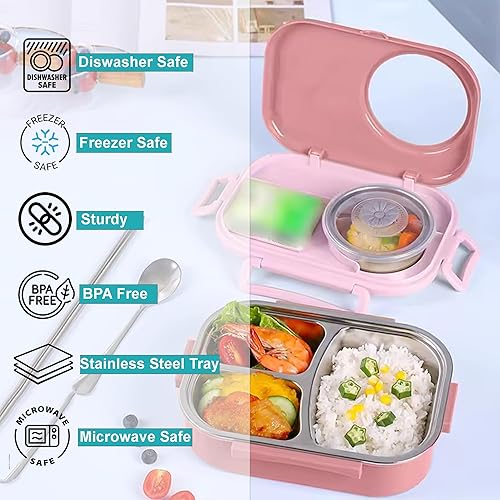 Miniatura 3 de Lonchera Bento para niños con bolsa, caja Bento de acero inoxidable a prueba de fugas para la escuela, 3 compartimentos, cuenco de sopa, cuchara y