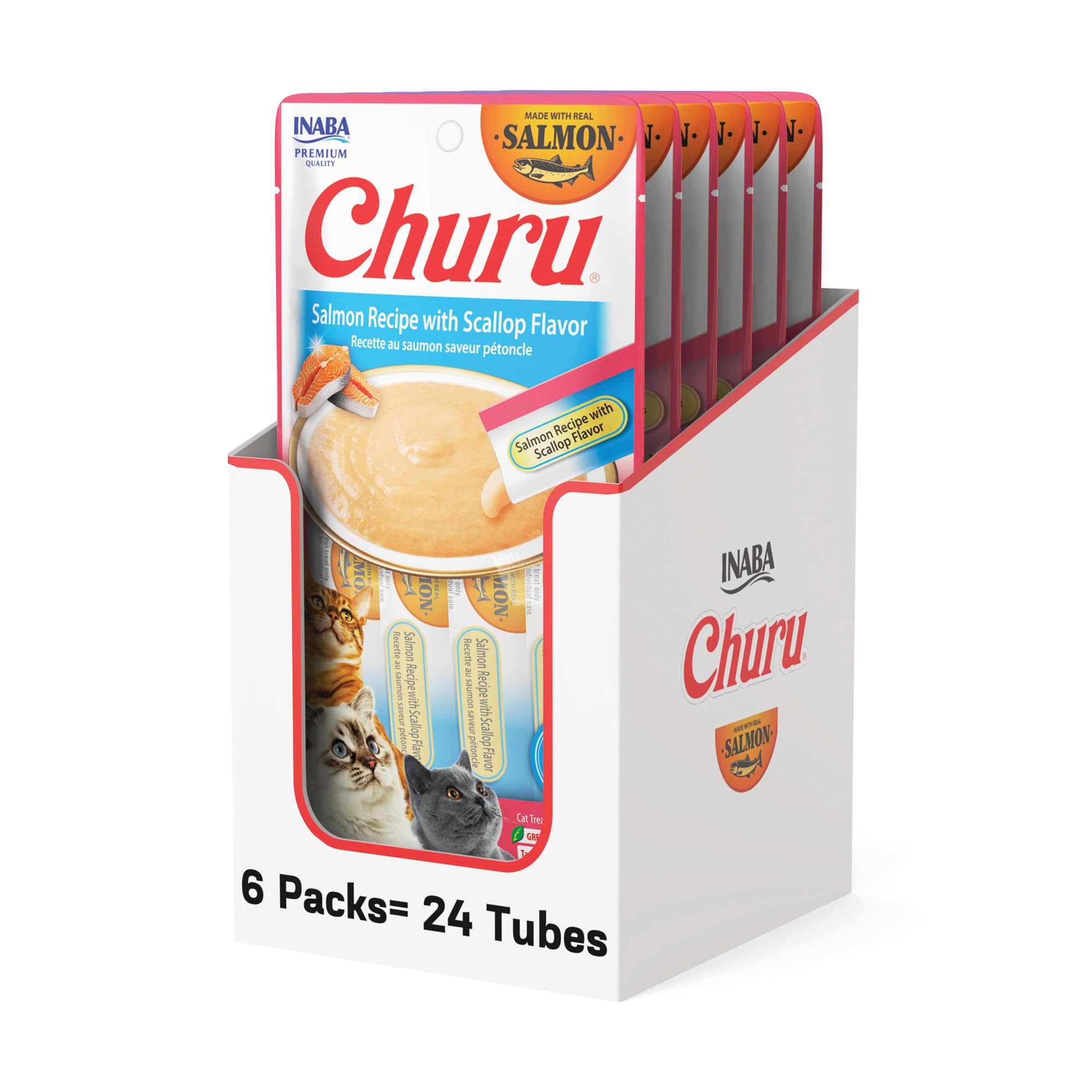 INABA Salmon Churu Cat Treats, Lickable, Squeezable Creamy Purée Cat Treat with Green Tea Extract &amp; Taurine, 0.5 Ounces Each Tube, 24 Tubes (4 per Pack), Salmon Recipe with Scallop Flavor