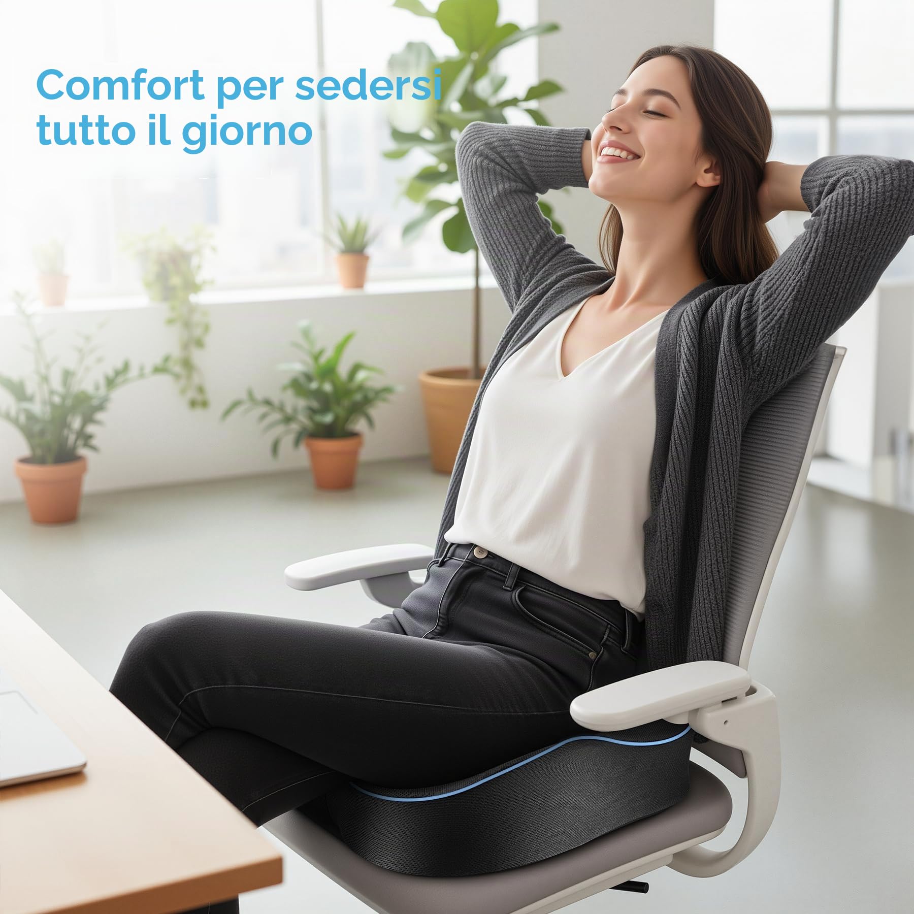 POOTACK Cuscino nero con bordo blu e maniglia per il trasporto, cuscino in memory foam per sedie da ufficio, antiscivolo e traspirante, portatile per sedili auto, sedie a rotelle e sedie da gioco