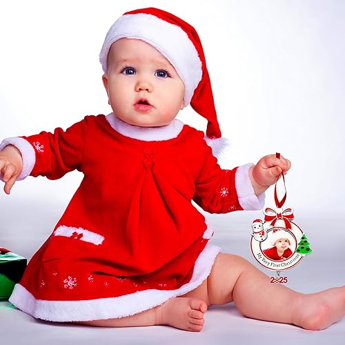 Miniatura 2 de Yookeer Primer adorno de fotos de Navidad del bebé 2025, marco de fotos de Navidad para el primer recuerdo del bebé recién nacido (1 pieza, redondo)